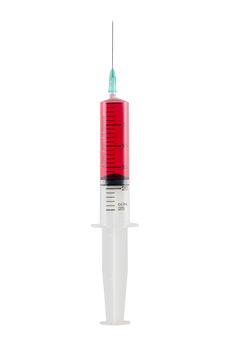 Syringe fill red blood isolated white background.