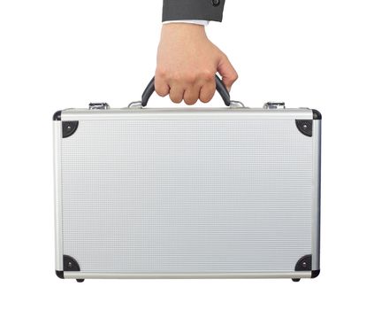 Hand and arm holding silver luggage or brief case isolated on white background.