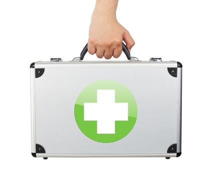 Male hand holding equipments luggage first aid isolated white background.