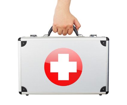 Male hand holding equipments luggage first aid isolated white background.