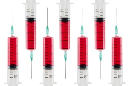 Syringe full red blood isolated white background.