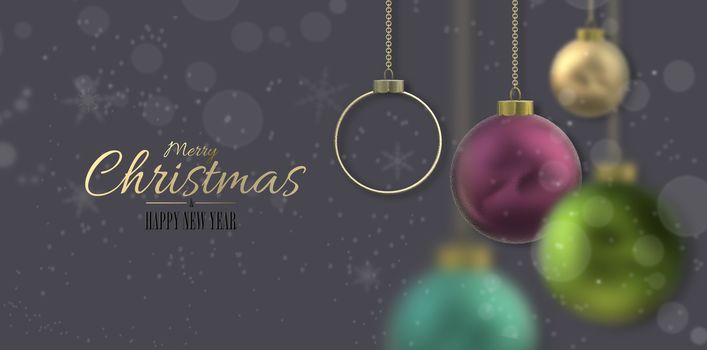 Christmas design with blurred balls. Xmas 3D realistic balls baubles, snow on dark pastel grey background. 3D illustration, Golden text Merry Christmas Happy New Year.