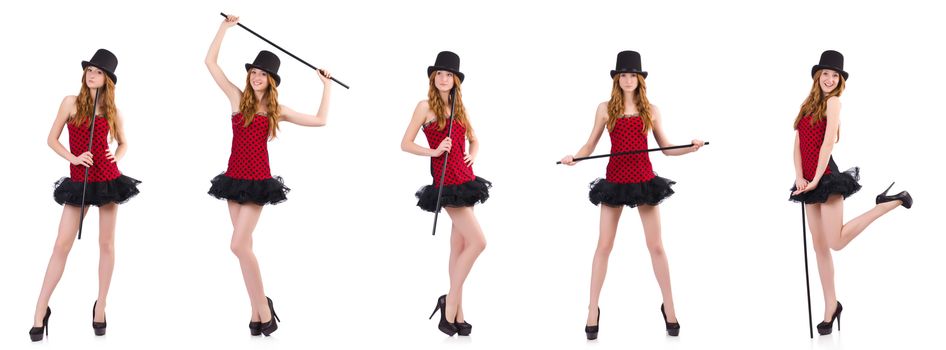 Girl in red polka-dot dress isolated on white