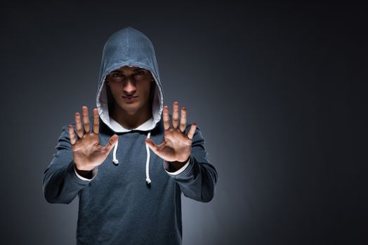 Innovation concept with young man pressing virtual buttons