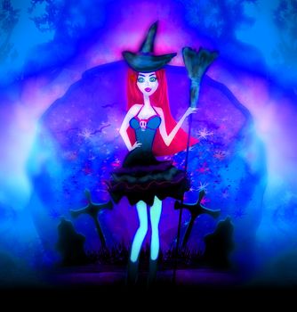 Halloween witch at dark cemetery