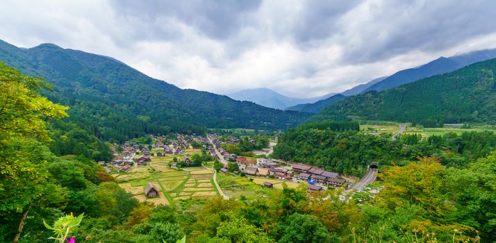 View of Ogimachi village with traditional gassho-zukuri farmhouses, in Shirakawa-go, Ono, Japan