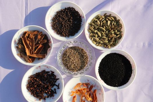 Collection of various healthy spices in the market