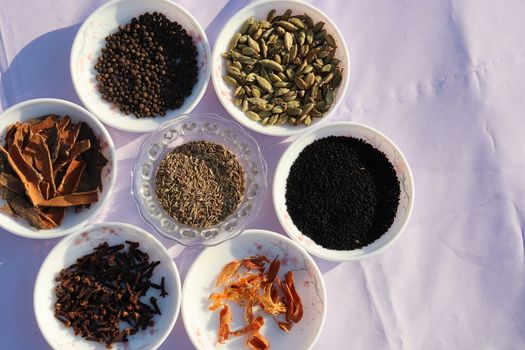 Collection of various healthy spices in the market
