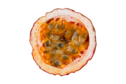 Maracuja cut in half and whole with leaf on white background. Passion fruit yellow with fruit juice and seeds