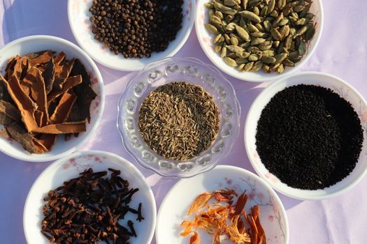 Collection of various healthy spices in the market