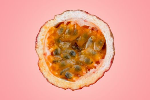 Maracuja cut in half and whole with leaf on red background. Passion fruit yellow with fruit juice and seeds