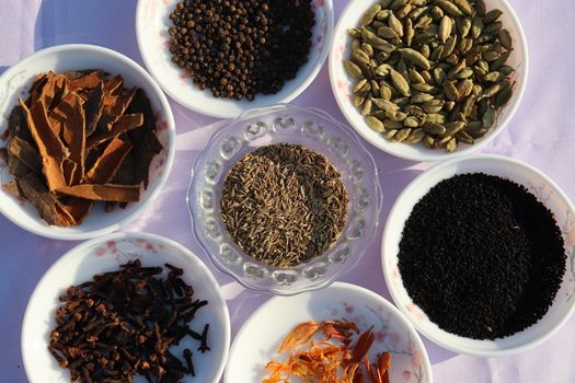 Collection of various healthy spices in the market