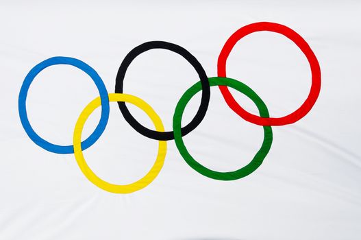 LONDON, UK - CIRCA JULY 2012: Closeup shot of an Olympic flag on the Mall during London 2012 Olympic Games.