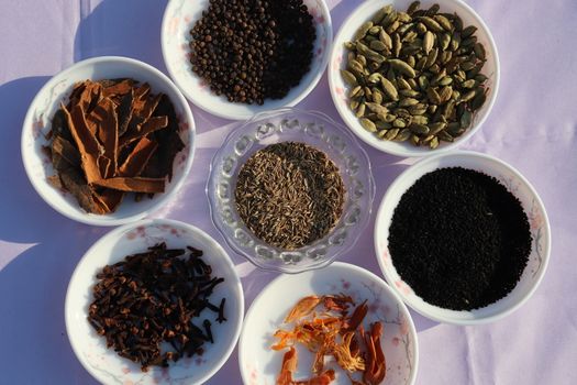 Collection of various healthy spices in the market