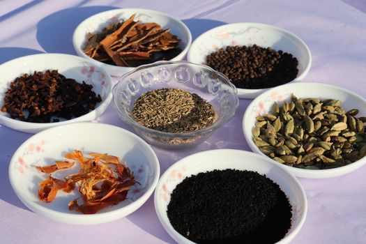 Collection of various healthy spices in the market