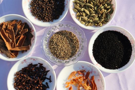 Collection of various healthy spices in the market