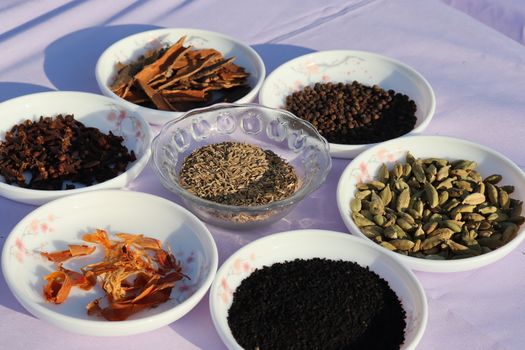 Collection of various healthy spices in the market
