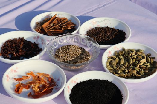 Collection of various healthy spices in the market