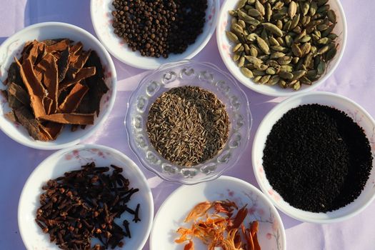 Collection of various healthy spices in the market