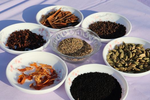 Collection of various healthy spices in the market