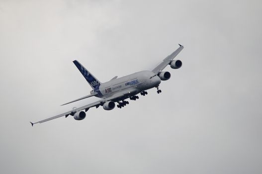 LONDON, UK, Saturday July 14, 2012. An Airbus A380 in a flight demonstration at Farnborough International Airshow 2012.