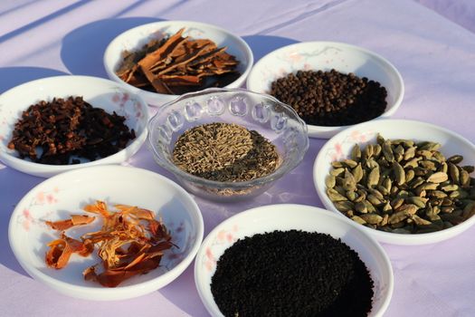 Collection of various healthy spices in the market