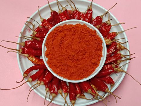 spicy and hot Red Dry Red Chilli stock and powder on bowl