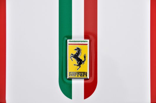 LONDON, UK - CIRCA SEPTEMBER 2011: Ferrari logo, Italian flag painted on the bodywork of a Ferrari 360 Challenge Stradale.