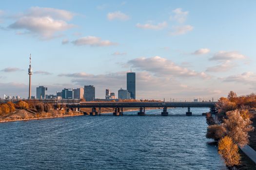 View of Vienna from the bridge on the river Danube.