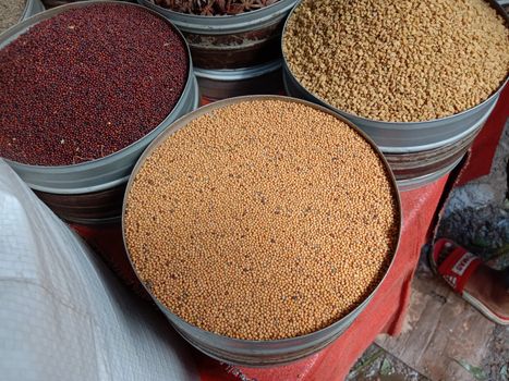 Collection of various healthy spices in the market