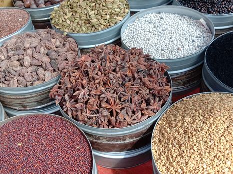 Collection of various healthy spices in the market