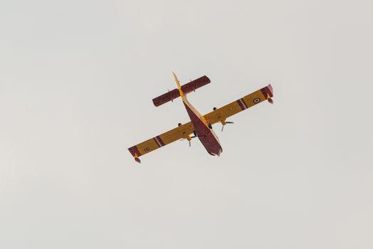 BAYONNE, FRANCE - 30 JULY, 2020: A Canadair CL-415 from the French Securite Civile came from Marseille to help tackle the Chiberta forest fire in Anglet.