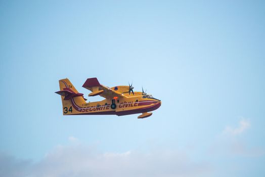 BAYONNE, FRANCE - 30 JULY, 2020: A Canadair CL-415 from the French Securite Civile came from Marseille to help tackle the Chiberta forest fire in Anglet.