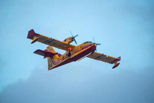 BAYONNE, FRANCE - 30 JULY, 2020: A Canadair CL-415 from the French Securite Civile came from Marseille to help tackle the Chiberta forest fire in Anglet.