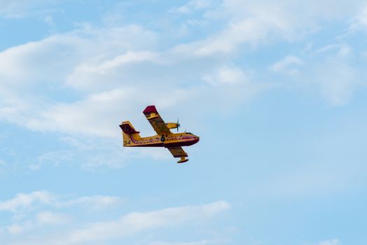 BAYONNE, FRANCE - 30 JULY, 2020: A Canadair CL-415 from the French Securite Civile came from Marseille to help tackle the Chiberta forest fire in Anglet.