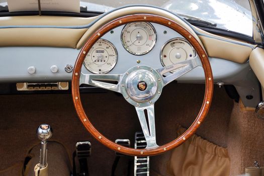 LONDON, UK - CIRCA SEPTEMBER 2011: Light blue Porsche 356 Speedster dashboard at Chelsea Autolegends car show.