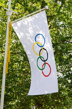 LONDON, UK - CIRCA JULY 2012: Olympic flag on the Mall during London 2012 Olympic Games.