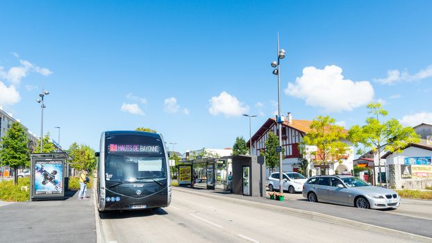 BAYONNE, FRANCE - CIRCA AUGUST 2020: Electric bus at Balichon bus stop on the BAB Boulevard.