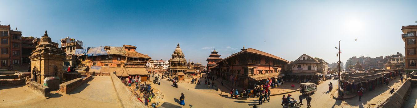 PATAN, NEPAL - CIRCA JANUARY 2017: 360 degrees horizontal panorama of Patan Durbar Square.