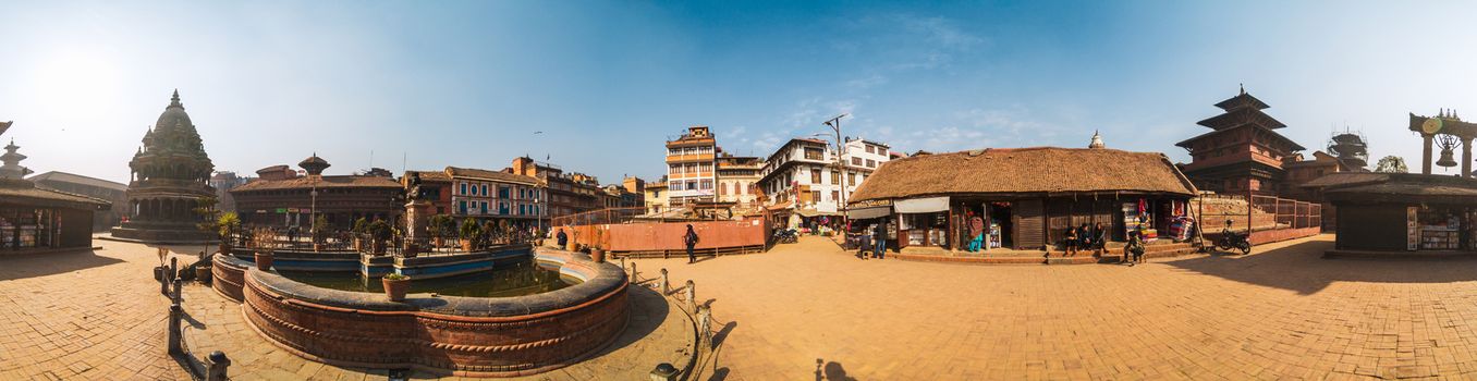 PATAN, NEPAL - CIRCA JANUARY 2017: 360 degrees horizontal panorama of Patan Durbar Square.