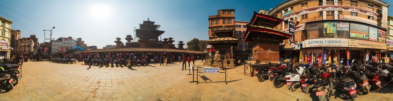 KATHMANDU, NEPAL - CIRCA JANUARY 2017: 360 degrees horizontal panorama of buildings and shops near Durbar Square.