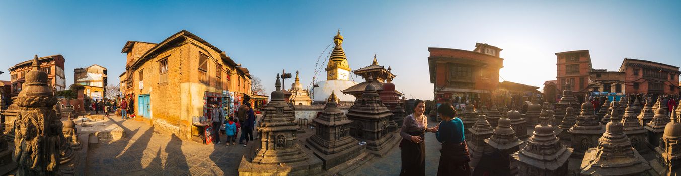 KATHMANDU, NEPAL - CIRCA JANUARY 2017: 360 degrees horizontal panorama of Swayambhunath.