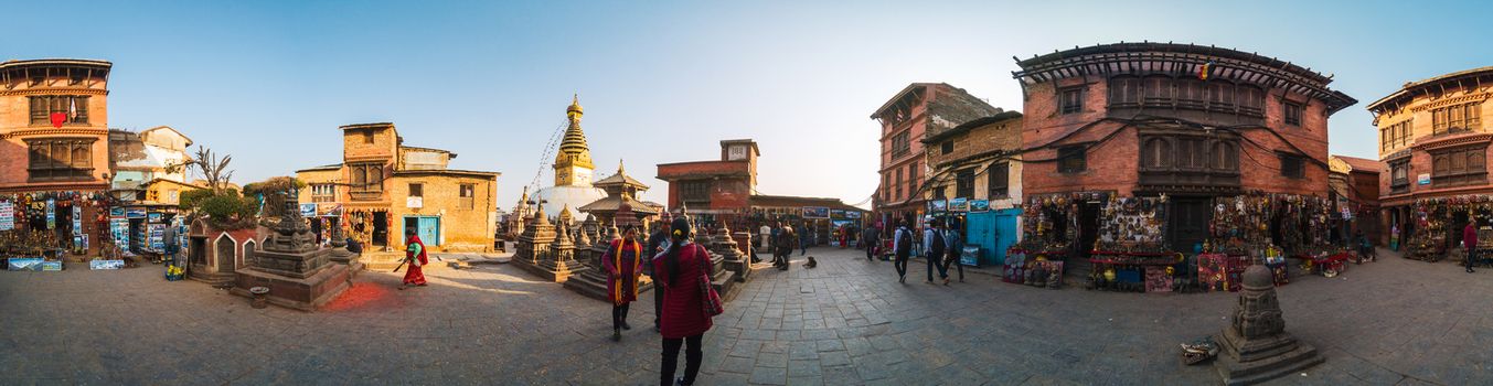 KATHMANDU, NEPAL - CIRCA JANUARY 2017: 360 degrees horizontal panorama of Swayambhunath.