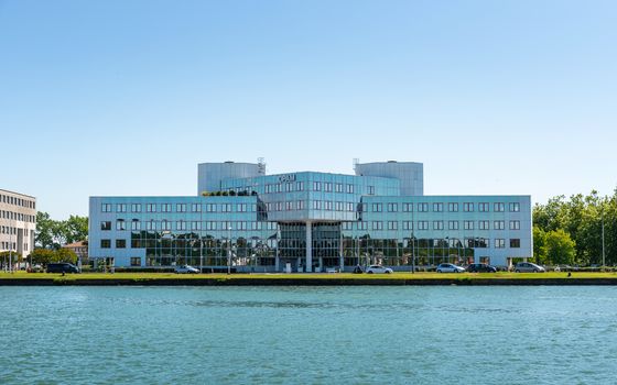 BAYONNE, FRANCE - CIRCA JUNE 2020: The CPAM (public health insurance body) office building as seen from the Adour River.