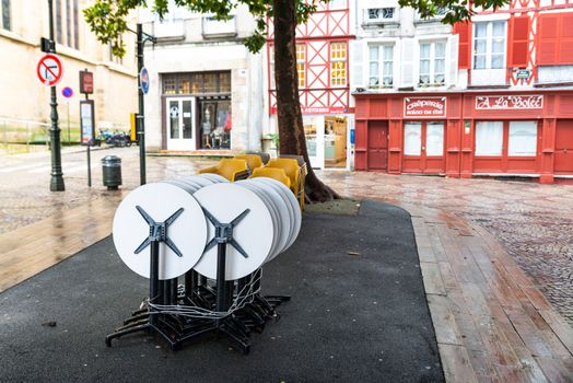 BAYONNE, FRANCE - MARCH 16, 2019: Closed cafe because of the outbreak of Coronavirus and the subsequent lockdown.