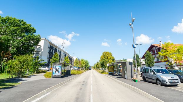 BAYONNE, FRANCE - CIRCA AUGUST 2020: Bus lane and Balichon bus stop on the BAB Boulevard.