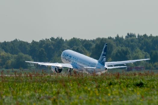 August 30, 2019. Zhukovsky, Russia. Promising Russian medium-range narrow-body passenger aircraft Irkut MC-21 at the International Aviation and Space Salon MAKS 2019.
