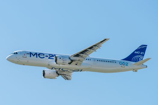 August 30, 2019. Zhukovsky, Russia. Promising Russian medium-range narrow-body passenger aircraft Irkut MC-21 at the International Aviation and Space Salon MAKS 2019.