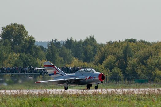 August 30, 2019. Zhukovsky, Russia. Soviet fighter Mikoyan-Gurevich MiG-15 at the International Aviation and Space Salon MAKS 2019.
