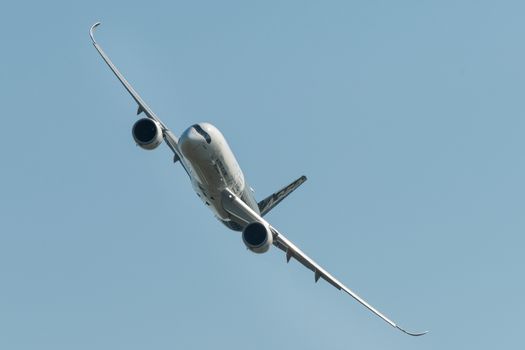 August 30, 2019. Zhukovsky, Russia. long-range wide-body twin-engine passenger aircraft Airbus A350-900 XWB Airbus Industrie at the International Aviation and Space Salon MAKS 2019.